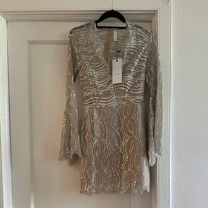 Bec & Bridge Mirror Palace Plunge Dress in Sandstone/Silver